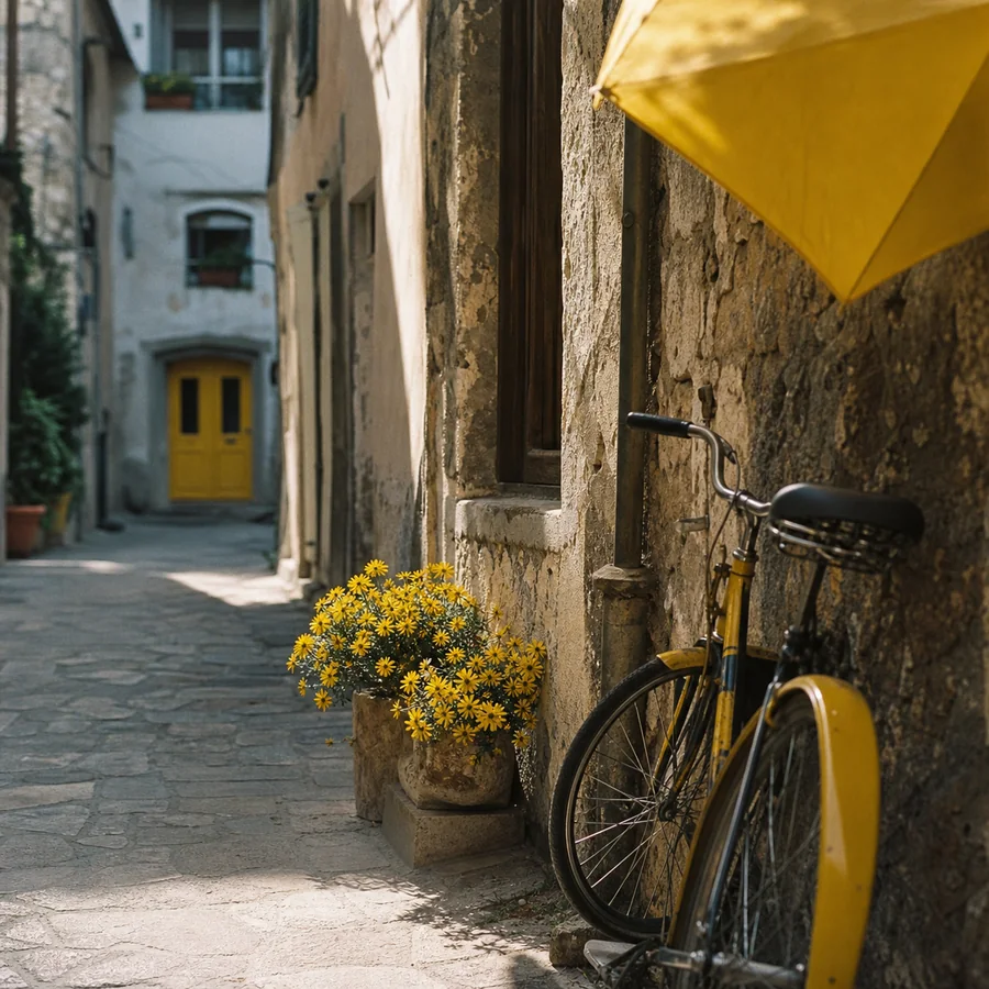 A yellow bicycle, flowers, umbrella, and doorway form a trail through a quiet street.